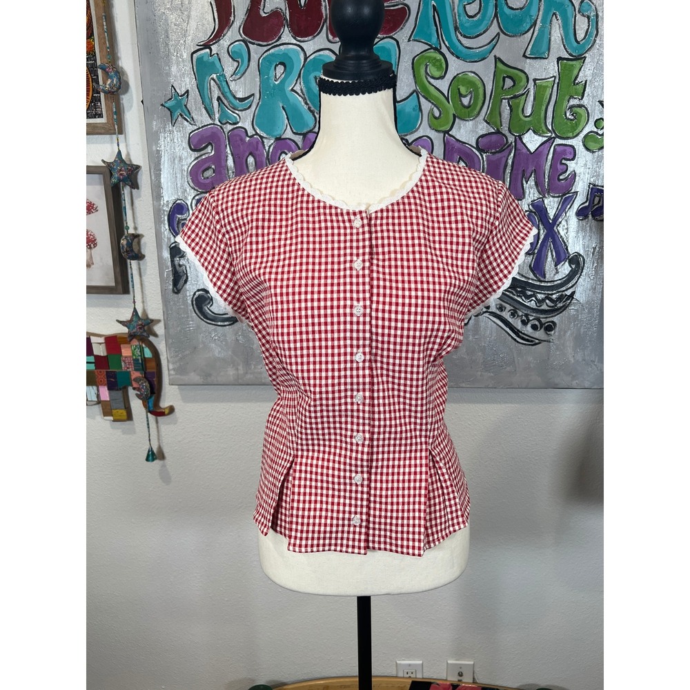 WAYF Red White Gingham Lace Trim Button Front Blouse Top Size L